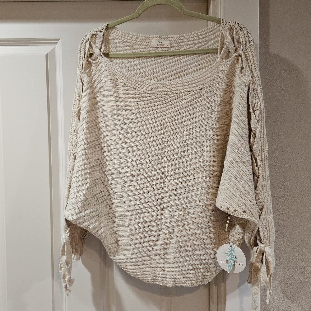 Off The Shoulder Sweater Laced Batwing Sleeves Tied Cuffs Asymmetrical Hem S NWT